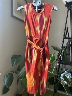 Ralph Lauren Red Sleeveless Tie-Waist Midi Dress with Yellow and Pink Accents